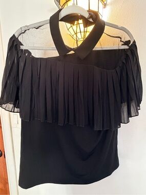 For Cynthia Black Off-Shoulder Pleated Ruffle Top with Collar